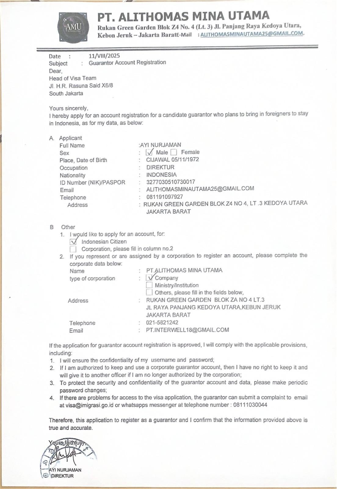 Surat permohonan guarantor PT AMU